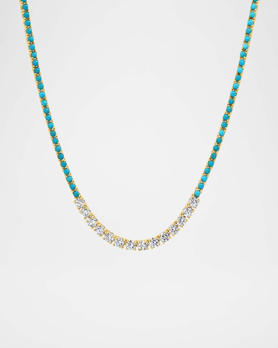 18K Yellow Gold Small 4 Prong and Accent Tennis Necklace with Turquoise and Diamonds